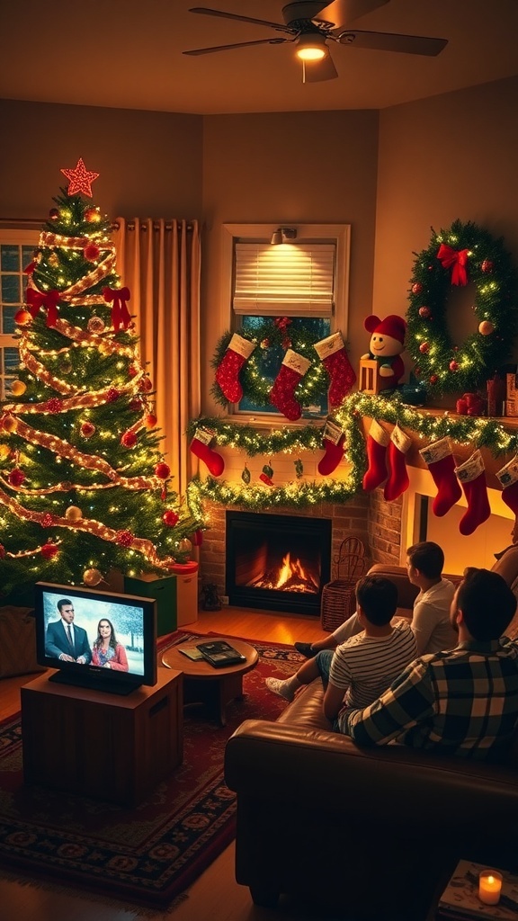 A family enjoying a Christmas movie night in a decorated living room with a Christmas tree and festive decor.